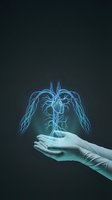 Gloved hands protecting holographic human cardiovascular system with glowing blue heart and circulatory network for medical healthcare concepts.