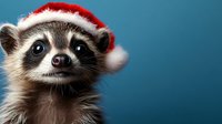 Adorable raccoon wearing red Santa hat against blue background, close-up portrait showing expressive eyes and cute facial features. Festive holiday wildlife concept.
