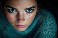 Close up portrait of young woman with intense blue eyes, freckles and natural makeup wearing turquoise sweater against dark background, dramatic lighting.