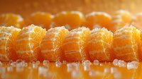 Fresh juicy mandarin or tangerine segments arranged in row on ice crystals with warm sunlight and shallow depth of field, macro food photography.
