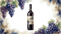 Wine bottle surrounded by dark grapes and green leaves in watercolor style, suitable for wine labels, vineyard marketing, and beverage packaging designs.