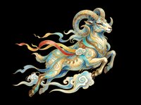 Ornate leaping ram with golden horns, blue and red flowing ribbons, cloud motifs in traditional Asian art style, isolated on transparent background, for stickers, sublimation, t-shirt design.