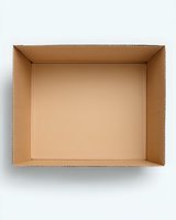 Empty open cardboard box viewed from above on white background, showing interior space and corrugated edges. Isolated packaging ready for design use.