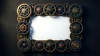 Steampunk mechanical gears frame with blank white center space for text or design on dark background. Industrial vintage style border.