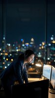 Young Asian businesswoman with headset working late at night in modern office, analyzing data on monitors with city lights bokeh background.