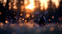 Silhouette of moose against golden sunset with magical bokeh lights in snowy winter forest, creating dreamy atmospheric nature scene at dusk.