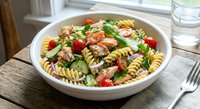 Fresh pasta salad with grilled chicken, cherry tomatoes, spinach and herbs in white bowl on rustic wooden table for healthy lunch meal preparation.