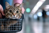 Curious tabby cat with bright blue eyes peering from pet carrier at veterinary clinic, blurred background creates depth and emotional connection for pet care themes.