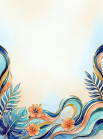 Tropical watercolor border with hibiscus flowers, monstera and palm leaves in blue, coral and gold tones, copy space for text.
