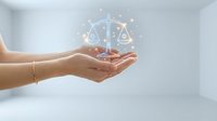 Hands holding glowing scales of justice symbol with digital light effects, representing law, legal services, fairness, and compliance for business and corporate use.