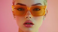 Young woman with blonde hair wearing trendy orange sunglasses and pink lipstick against colorful gradient background for fashion and beauty concepts.