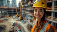 Young female construction engineer in yellow hard hat and safety vest smiling at construction site with urban development and machinery in background.