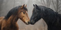 Two horses, brown and black, touching noses in foggy forest setting, showing affection and connection in atmospheric natural environment.