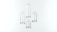 Clear glass perfume bottles with silver caps isolated on white background for cosmetic packaging and fragrance product design.