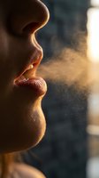 Close-up profile of woman's lips exhaling visible breath in cold air with golden sunlight creating atmospheric mood for wellness and breathing concepts.