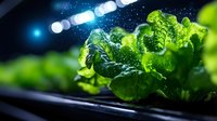 Fresh green lettuce growing in modern hydroponic farm with LED lights. Close-up of organic leafy vegetables in sustainable indoor vertical agriculture system.
