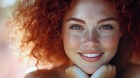Young woman with natural red curly hair and freckles smiling warmly at camera, hand under chin, soft dreamy background lighting creates intimate portrait mood.