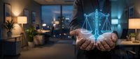 Professional businessman holding glowing digital scales of justice hologram in modern office representing legal technology and law firm innovation.