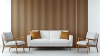Modern living room interior with white sofa, wooden armchairs and decorative brown slatted wall panel creating contemporary minimalist atmosphere.