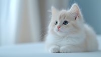 White fluffy ragdoll kitten with blue eyes lying on light surface against soft blurred background, looking with curiosity. Pet portrait in gentle pastel tones.