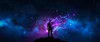 Silhouette of person standing on hill against vibrant cosmic nebula with stars and galaxies in purple and blue space background for inspiration concepts.
