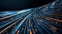Abstract technology background with glowing blue and orange light trails flowing in parallel lines creating dynamic motion effect against dark background.