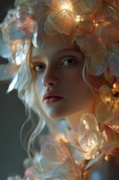 Young woman with blonde wavy hair adorned in glowing translucent flower crown. Ethereal portrait with soft lighting highlighting delicate features and luminous skin.