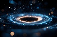 Glowing spiral galaxy with luminous blue and orange particles swirling in cosmic space against dark background, creating magical astronomical effect.