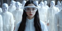 Young Asian woman wearing protective goggles and white uniform stands out among crowd of faceless figures in futuristic sci-fi setting, concept of individuality.