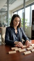 Professional businesswoman in gray suit arranging wooden blocks with business terms in modern office conference room for strategic planning and leadership.