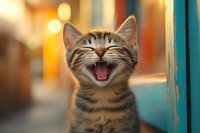 Happy striped tabby kitten laughing with open mouth against blurred warm bokeh background, showing positive emotion and playful feline expression.