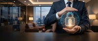 Professional businessman in dark suit protecting glowing digital padlock hologram with hands in modern office environment representing cybersecurity solutions.