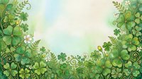 Watercolor St. Patricks Day border with green shamrocks, clovers, ferns, and white flowers on a soft pastel background with copy space.