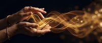 Hands cupping glowing golden energy waves flowing through fingers against dark background symbolizing power protection and spiritual healing.
