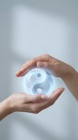 Hands holding glowing yin yang symbol representing balance, harmony, spirituality, wellness, and energy healing concepts for meditation and mindfulness applications.