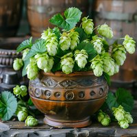 Fresh green hop cones and leaves in vintage ceramic bowl, natural ingredients for craft beer brewing. Perfect for brewery marketing, beer production and organic farming concepts.