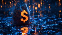 Glowing dollar sign money bag on digital matrix background with orange and blue technology data streams, reflecting financial technology concept.