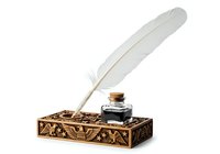 White feather quill pen with ink bottle and decorative wooden box containing writing supplies, isolated on white background for design and creative projects.