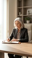 Mature woman with white hair, Caucasian ethnicity, wearing black blazer, writing in notebook at wooden desk in modern office with shelving and natural light from window.