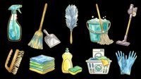 Cleaning supplies and household chores tools isolated on transparent background. Includes spray bottle, broom, feather duster, brushes, gloves, detergent, and laundry basket. Ready for t-shirt designs, clipart, stickers, and print-on-demand products.