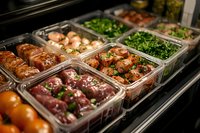 Catering display with assorted prepared foods in metal containers including roasted meats, vegetables, and fresh greens. Suitable for restaurant, buffet, and food service marketing.