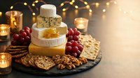 Gourmet cheese platter with crackers, grapes and nuts on slate board with warm candlelight creating cozy appetizer spread for entertaining and holidays.
