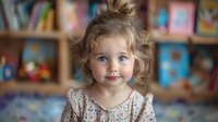 Adorable young girl with blue eyes and messy blonde hair in floral dress smiling at camera against blurred bookshelf background, perfect for family, childhood or education concepts.