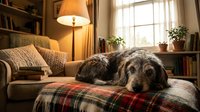 Senior mixed breed dog resting peacefully on plaid blanket in cozy living room with warm lamp light, bookshelves and houseplants creating comfortable home atmosphere.