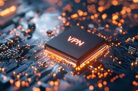 Microchip with glowing VPN text on circuit board with orange bokeh lights and digital connections, representing network security and data protection technology.