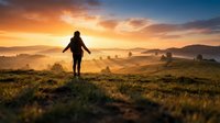 A silhouetted figure stands with arms outstretched in a misty valley at sunrise, surrounded by golden light and rolling hills, evoking freedom and adventure.