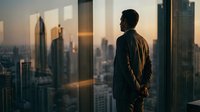 Professional businessman silhouette standing by office window overlooking city skyline at sunset, contemplating future business opportunities and success.