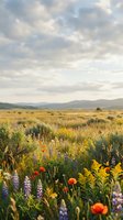 Wildflower meadow with lupines, poppies, and yellow blooms stretching across rolling hills under cloudy sky, suitable for nature and landscape backgrounds.
