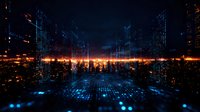Futuristic digital cityscape with glowing grid floor and illuminated skyscrapers against dark night sky, orange horizon glow creates dramatic urban technology scene.