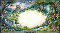 Enchanted fairy tale landscape frame with castle, waterfall and magical forest creating blank space for text or design elements.